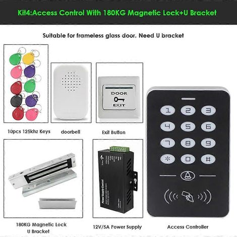 Kit de contrôle d'accès pour porte unique, lecteur de cartes, clavier, kit de contrôleur d'accès, 180 kg, serrure électronique, alimentation, kit de clés intelligentes (4 kits) (1/5)