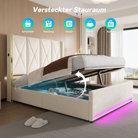 Lit coffre en velours avec tête de lit rembourrée et matelassée, poches latérales, USB & LED, système hydraulique et grand rangement sous le lit – design, confort et praticité. 160x200 cm. (1/5)