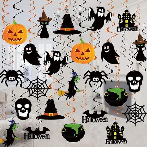 Décorations d'Halloween en spirales suspendues - 36 pièces - Guirlandes lumineuses d'Halloween à suspendre au plafond - Grande spirale fantôme citrouille sorcière (1/5)
