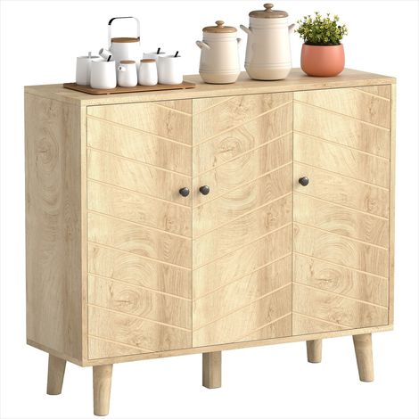 Buffet en MDF et pin massif 88,3 cm, 3 portes motif chevron, bois naturel (1/5)