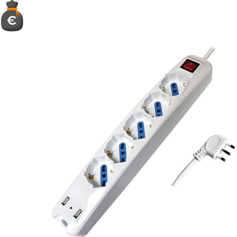 Alcapower Multipresa Elettrica 5 Prese Bipasso Schuko 3500W con 2 Porte USB 2.1A, Cavo 1.5m e Spina Salvaspazio 90° per Ufficio e Casa Alta Qualità (1/3)