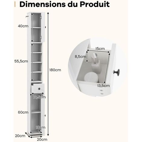 Design Fin en MDF Colonne de Salle de Bain Meuble Rangement Étroit 2 Portes 1 Tiroir 5 Étagères Réglables pour WC Cuisine (1/5)