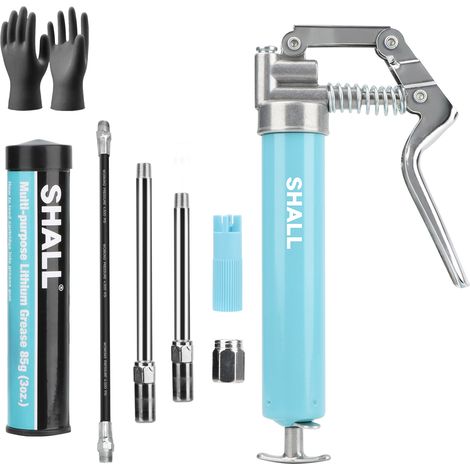 SHALL Mini pistolet à graisse, petit kit de pistolet à graisse (capacité de 3,52 oz, 3000 psi) avec 2 coupleurs à 4 mâchoires, buse pointue, adaptateur d'extension, cartouche de graisse de 3 oz (1/5)