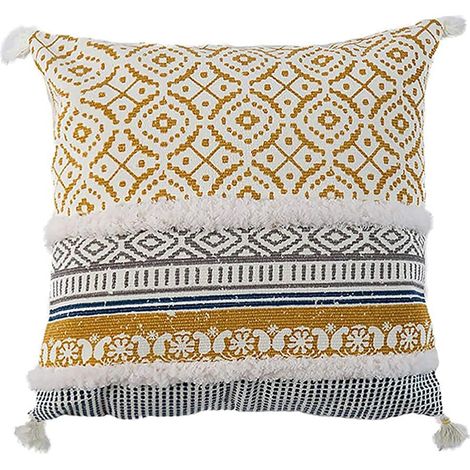 Housse De Coussin - 45,7 x 45,7 cm - Tissu Mixte Coton Polyester Viscose - Fermeture Éclair Cachée - Style Bohème Marocain Avec Pompons (1/5)