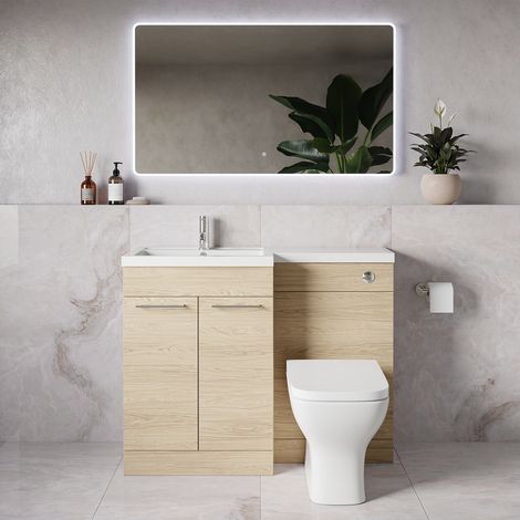 Napoli 390 Light Oak 1100mm 2 Door Vanity Unit Toilet Suite with Square Left Hand Lucia Basin - 1100mm - Chrome 160mm HandleWith Kingston Toilet Pan and Seat