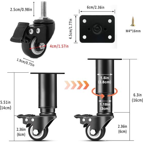 JSSEVN - Pieces Furniture Legs, Adjustable Height Furniture Legs, with Swivel Casters, Height Adjustable, with Brakes (14-16cm) (1/5)