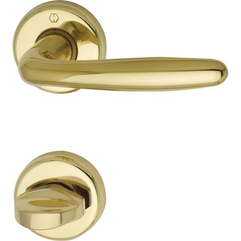 Lot de 2 - Poignée de porte - Rosace ronde - Laiton poli - Pour WC épaisseur 39-44 mm - Doré brillant