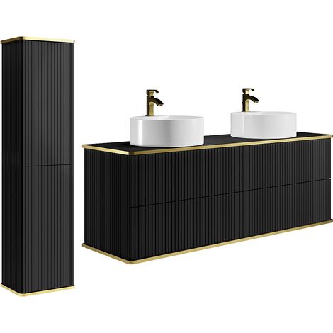 Meuble de salle de bain suspendu strié avec double vasque à poser ronde et colonne - Noir - 120 cm - KELIZA (1/4)