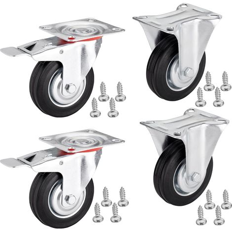 4er SET SOTECH Transportrollen Ø 75 mm (2x Bockrollen, 2x Lenkrollen mit Bremse) Höhe 96 mm, Anschraubplatte 80 x 67 mm Traglast bis 280 Kg Bockrolle (1/4)