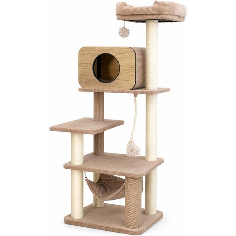 Fudajo Forest Oak 152 cm Kratzbaum beige, Katzenkratzbaum mit Katzenhaus, Hängematte und Sisal, Katzenbaum mit Massageelement (1/5)