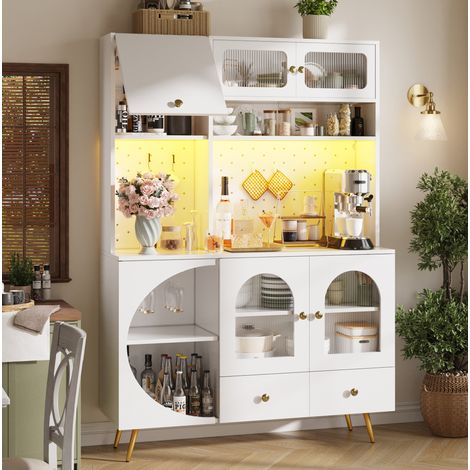 REDOM - Aparador alto de cocina 120x40x176 cm, LED regulable, 2 tomas AC y 2 puertos USB, estantes de vidrio, MDF y vidrio blanco (1/5)