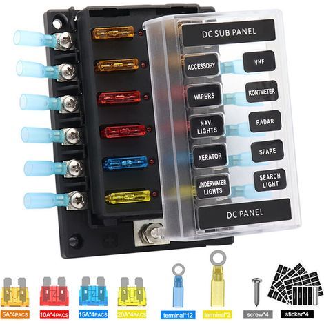 Portafusibili a 12 vie con indicatore di cortocircuito, 16 fusibili standard + 14 terminali ad anello per guaina termorestringente - modello: 45 (1/5)