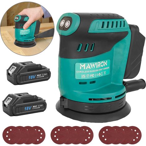 Ponceuse Orbitale Excentrique Sans Fil 18V MAWIRON, 3 Vitesses Réglables, Kit Complet avec 2 Batteries 3000mAh + Chargeur EU, Sac à Poussière + 12 Papiers Abrasifs 120/180/240, Ponçage Bois Meuble Voi (1/5)