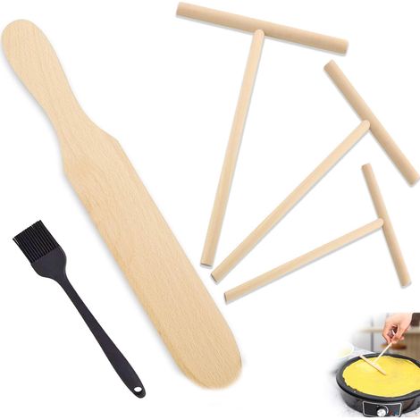 Lot de 5 distributeurs de pâte à crêpes en bois de hêtre – 3 répartiteurs de pâte en T (9/12/18 cm), spatule plate, avec brosse en silicone, pour les crêpes, tailles (1/5)