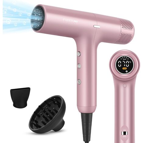 Sèche-cheveux ionique unique moteur sans balais de 110 000 tr/min à faible bruit microfiltre innovant diffuseur magnétique écran LCD pour la maison le salon et les voyages (Rose) (1/5)