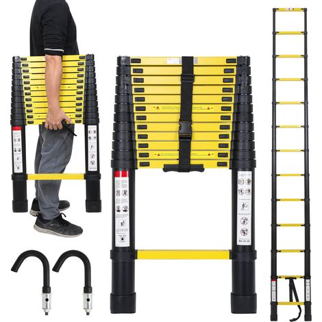 TolleTour Aluminium Teleskopleiter 3,8M schwarz, Leiter Ausziehbar mit Abnehmbaren Haken, Klappleiter, Mehrzweckleiter, Stehleiter, Haushaltsleiter, Außenleiter, 150 kg Belastbarkeit