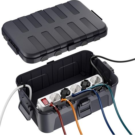Boîte Protection Étanche IP54 Boitier Etanche Electrique Exterieur Extra Large(32x22x13cm)– Pour Multiprise Extérieure, Org. Câbles (6 Entrées/Sorties), Résistante UV/Pluie/Gel (Couleur:Gris) (1/5)