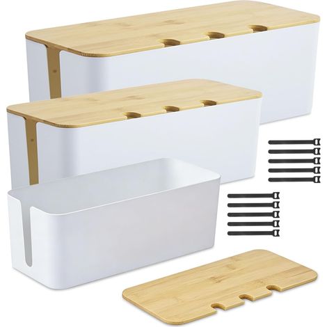 Lot de 3 Boîtes à Câbles Blanches, Boite Rangement Cable avec Couvercles en Bambou de Trois Tailles, Boite Cache Cable avec Couvercle en Bois Perforé, Cache Multiprise Electrique avec Attaches (1/5)