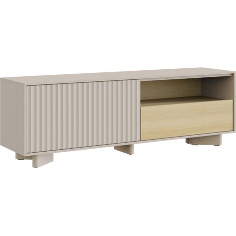 Selsey Distria – TV-Lowboard mit Schublade und geriffelter Front Kaschmirgrau / Eichenholzoptik,140 cm