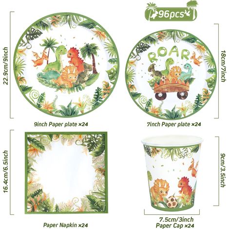 Assiette Jetable Dinosaure - 96pcs Kit Vaisselle Dinosaure Jetable Jungle Safari Thème Anniversaire, Assiettes Tasses Serviettes pour Decoration Anniversaire, Deco Birthday Garcon Enfant, Baby Shower (1/5)