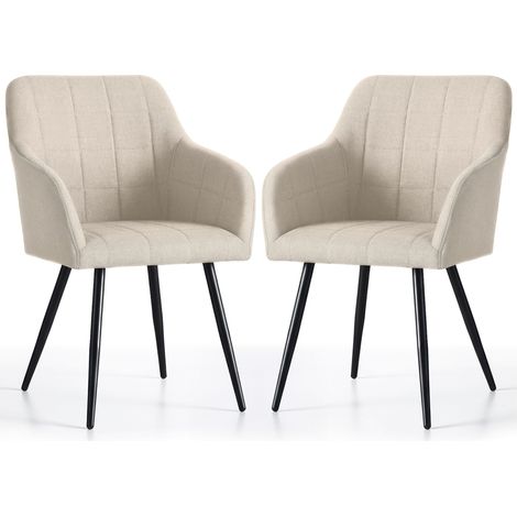 Set di 2 Sedie imbottite con cuciture quadrate LUXANO Beige gambe nere tessuto Lumos (1/5)