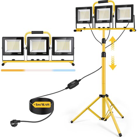 3x 100W Projecteur LED Chantier, 23,000LM Lampe Chantier avec Trépied Télescopique en Réglable, 3 Modes de Température de Couleur, Étanche IP66 Phare de Travail, Câble 5M pour Exterieur (1/5)