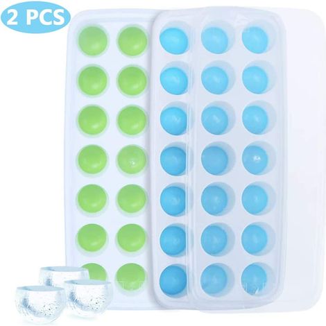 Bandejas para cubitos de hielo, bandeja de silicona de 2 piezas, forma semicircular, molde de silicona para cubitos de hielo con tapa para cocinas, picnics, restaurantes y tiendas de bebidas (azul + v