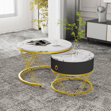Table basse modulable élégante: aspect marbre, décor doré, table d’appoint avec tiroirs – lot de 2 (1/5)
