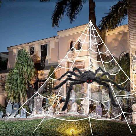 Toile d'araignée Halloween 200 cm + Araignée géante 150 cm, fausse araignée décorative avec toile triangulaire, pour décoration intérieure/extérieure, maison, jardin, fête costumée, maison hantée. (1/3)