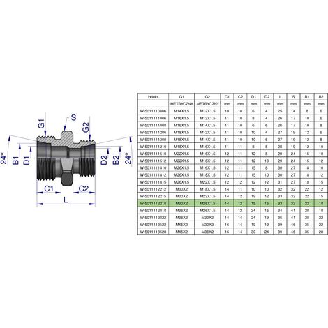 Metrische hydraulische Reduzierkupplung BB M30x2 22L / M26x1,5 18L (XG) Waryński (1/5)