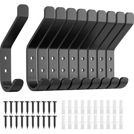 Paquete de 10 ganchos para abrigos, 20 libras (máximo), para toallas, sombreros, mochilas, llaves, ropa y percheros de pared para armarios, de metal, color negro. (1/4)