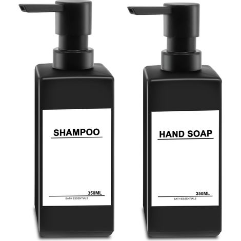 Distributeur de Savon en Verre Noir 350ml Pack de 2 Distributeur Shampoing et Gel Douche à Remplir Distributeur Savon et Liquide Vaisselle avec Tête de Pompe en Plastique pour Savon Lotion Douche'Noir