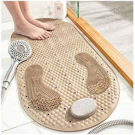 Shower Mat Non-Slip Bath Mat Antibacterial Bath Mat Massage Mat 40x80cm with Grinding Stone, Suction Cups and Drainage Holes, Beige- (1/4)