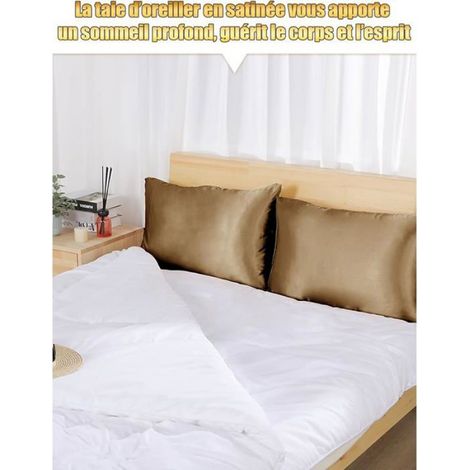 Taie Oreiller Satin 65x65 Lot de 2, aie oreiller àSensation Soyeuse, Enveloppe de Mode taie Oreiller Champagne TAIE OREILLER (1/5)