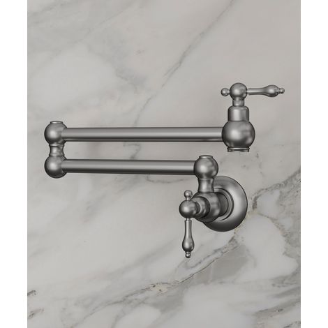 Rubinetto cucina retrattile a parete a due maniglie con doppio snodo girevole - acqua fredda - nichel spazzolato