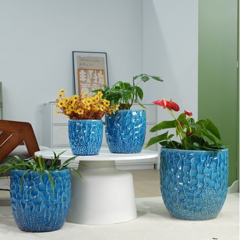 Vaso in ceramica blu lucida Ø18 cm con rilievo martellato e foro di drenaggio OKWISH (1/5)