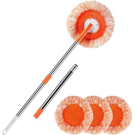 Nettoyant Mur - Balai À Long Manche Avec Tête Pivotante 180° - Pour Plafonds Murs Vitres Plinthes - 6 Chiffons En Microfibre Chenille - Orange (1/5)