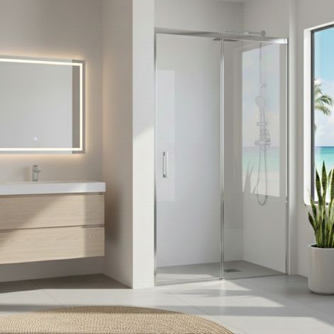 SOULHOME Paroi de Douche Réversible  117-120x200h cm  Profil SLIM Argent  Porte Coulissante Amortie + Fixe  Verre 6mm Antical (1/5)