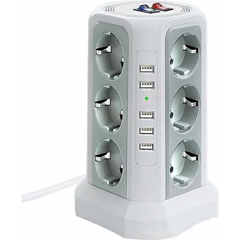 Multiprise tour parafoudre 12 prises CA et 5 ports USB – Protection 1500J – Câble 2m avec interrupteurs indépendants – Blanc (1/4)