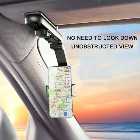 Support universel pour téléphone de voiture (1 pièce) : rotatif à 360°, clip rétractable pour pare-soleil, adapté à toutes les voitures et smartphones, navigation, noir, cadeau idéal. (1/5)