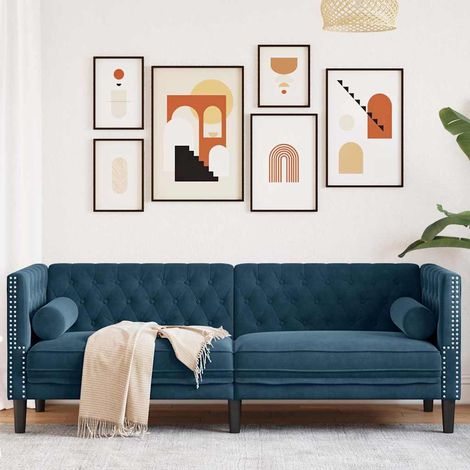 Chesterfield-Sofa mit Nackenrollen 3-Sitzer Blau Samt