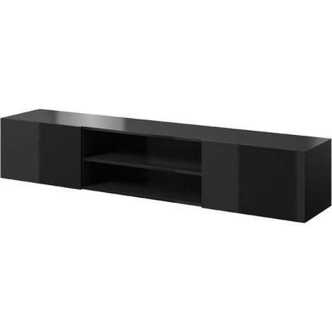 Meuble TV Noir brillant 200x37x40cm SLIKA K à suspendre meuble Hi-fi 2 portes commode (1/4)