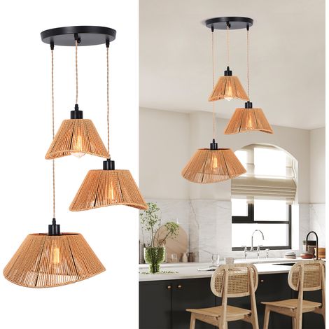 Ganeed 22in 3-Light Pendant Light Rattan Boho Hanging Lamp, Rattan Woven Lamp Shade Hanging Lamp Adjustable Sling for Living Room,Bedroom, Farmhouse (1/5)
