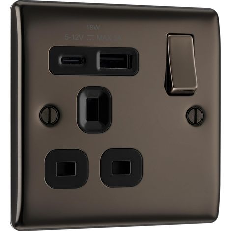 Electrical NBN21UAC18B Prise murale à interrupteur unique avec ports de charge USB de type A et de type C, charge rapide, profil surélevé et fin, bords arrondis, Nexus métal, nickel noir, 13 A (1/5)