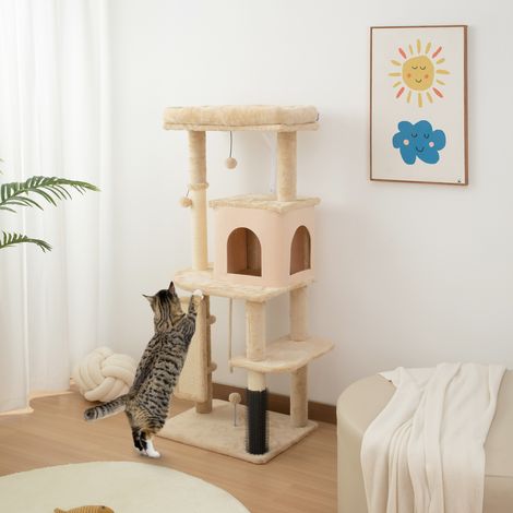 132 cm hoher Katzenkratzbaum mit Plattformen, Bürstenstamm, Hängebällen und Kratzmatte, Beige