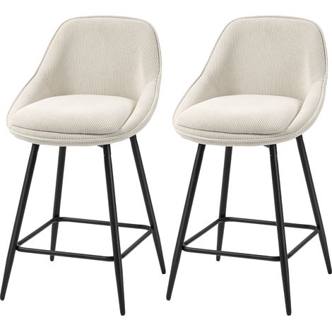 Lot de 2 tabourets de bar velours tricoté crème dossier courbé repose-pieds 49x52x88cm
