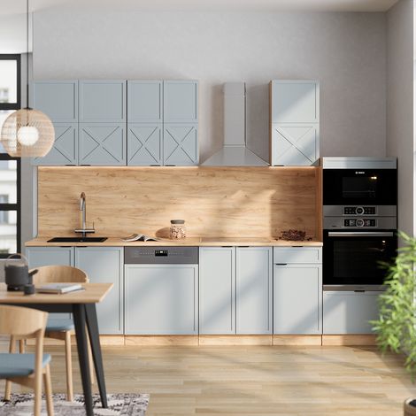 Cuisine Fame-Line, Bleu clair-gris/chêne force d'or, 300 cm avec armoire haute, PT Marbre, Vicco