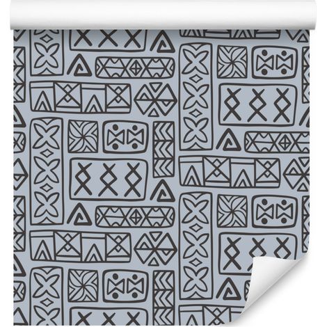Carta da parati con motivo geometrico polinesiano, grigio e grigio chiaro, 50x1000 cm (1/5)