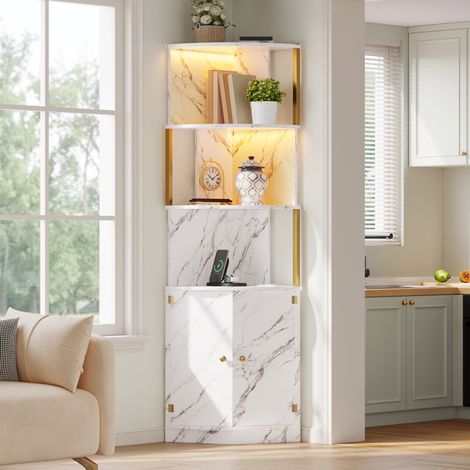 Mueble esquinero, mueble de almacenamiento con iluminación LED y tomas de corriente, aparador de 2 puertas para cocina, comedor y sala de estar, 38 × 38 × 180 cm (1/5)