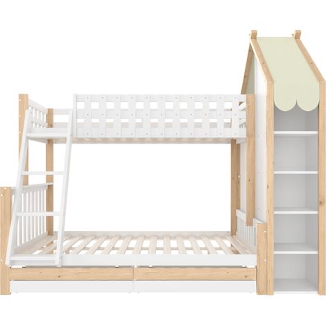 Litera infantil 90x200 cm + 140x200 cm con escalera, 2 cajones, almacenaje, blanco y natural (1/5)